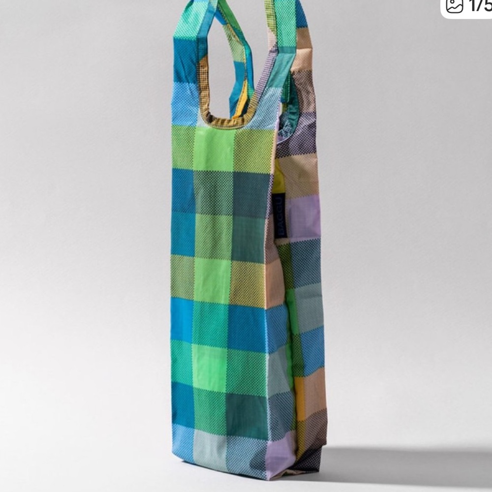 BAGGU Blue Green Checkered Tote